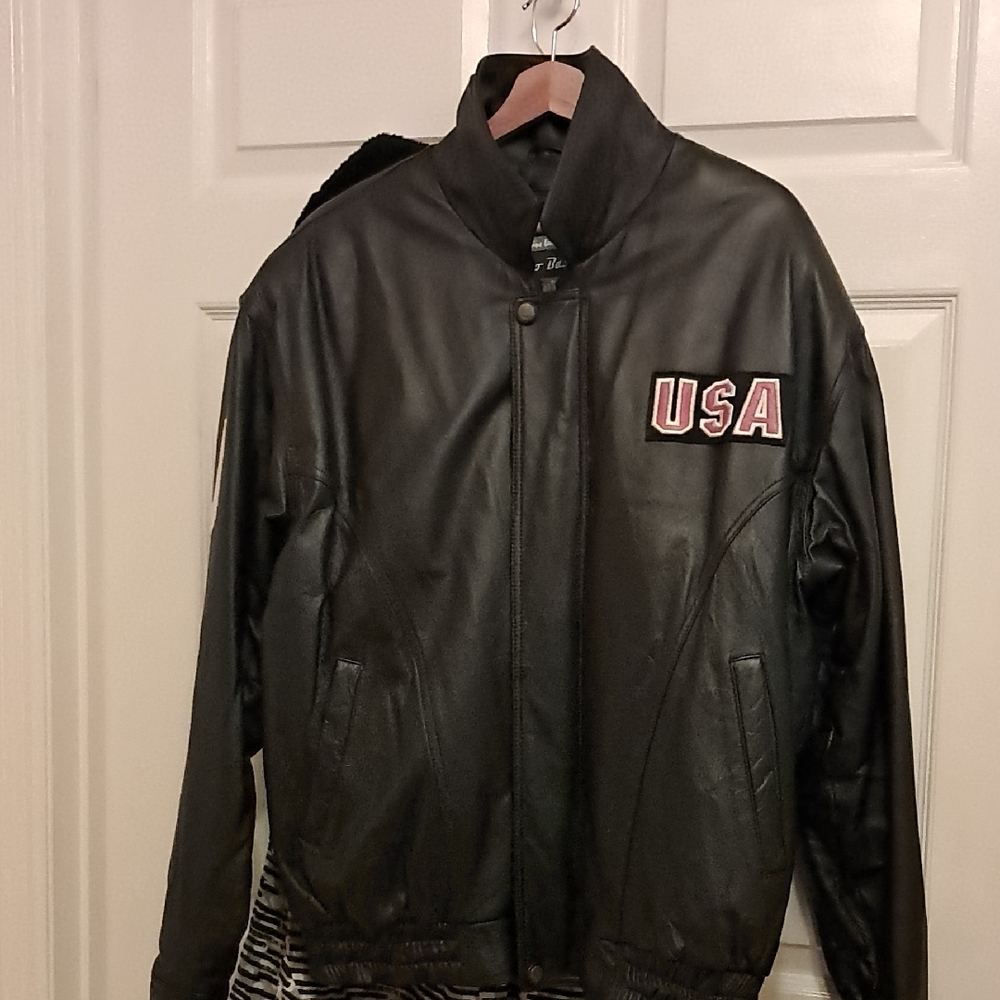 Men's LEATHER Jacket with PATRIOTIC embellishments w/removeable high pile lining